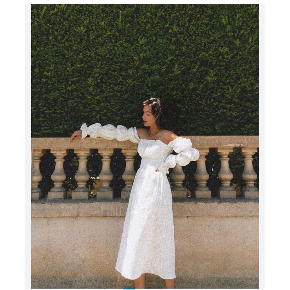 Sleeper Michelin Dress 100% Linen White & Pink Little Roses Off Shoulder NWT XL